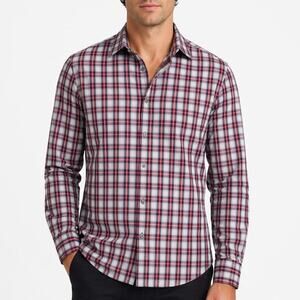 Theory Mens Button Up Shirt Long Sleeve Red Plaid Size XL Designer Preppy Casual